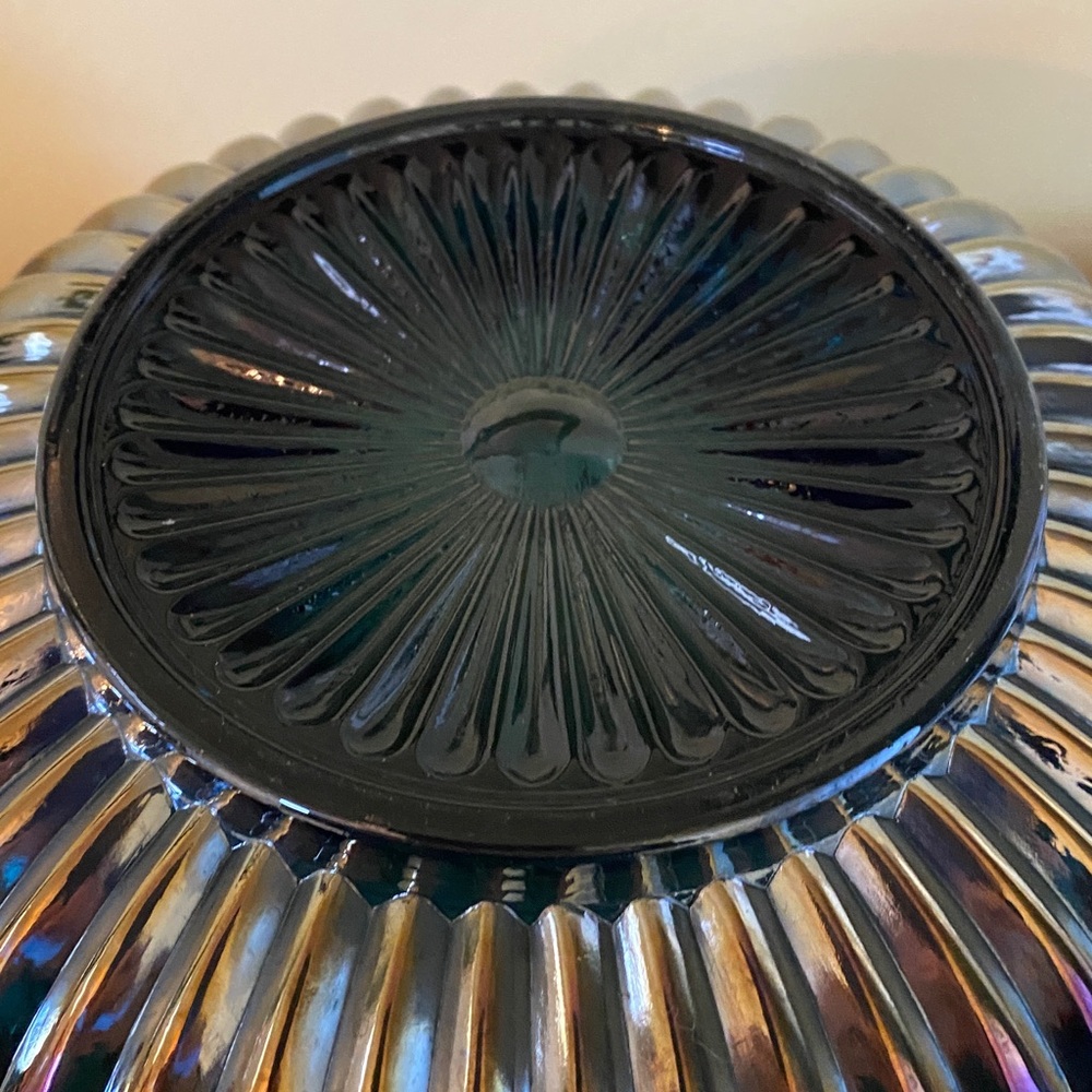 Iridescent Carnival Glass Decorative Punch Bowl Blue Green - Picture 7 of 15